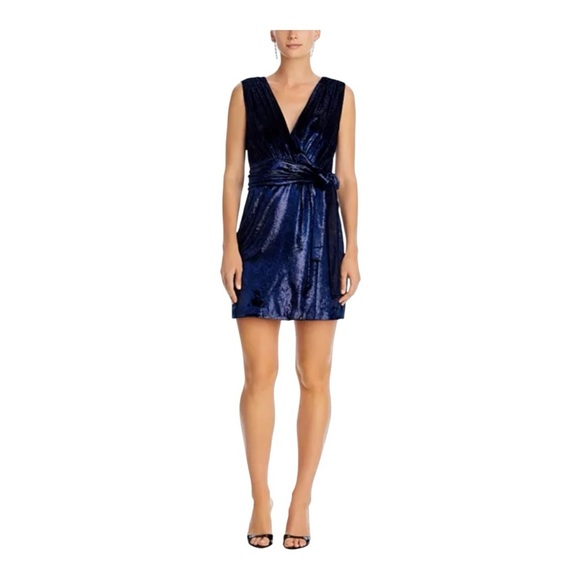 HALSTON LENNOX SLEEVELESS SHIMMER VELVET MINI DRESS IN BLUE NWOT - Picture 1 of 10